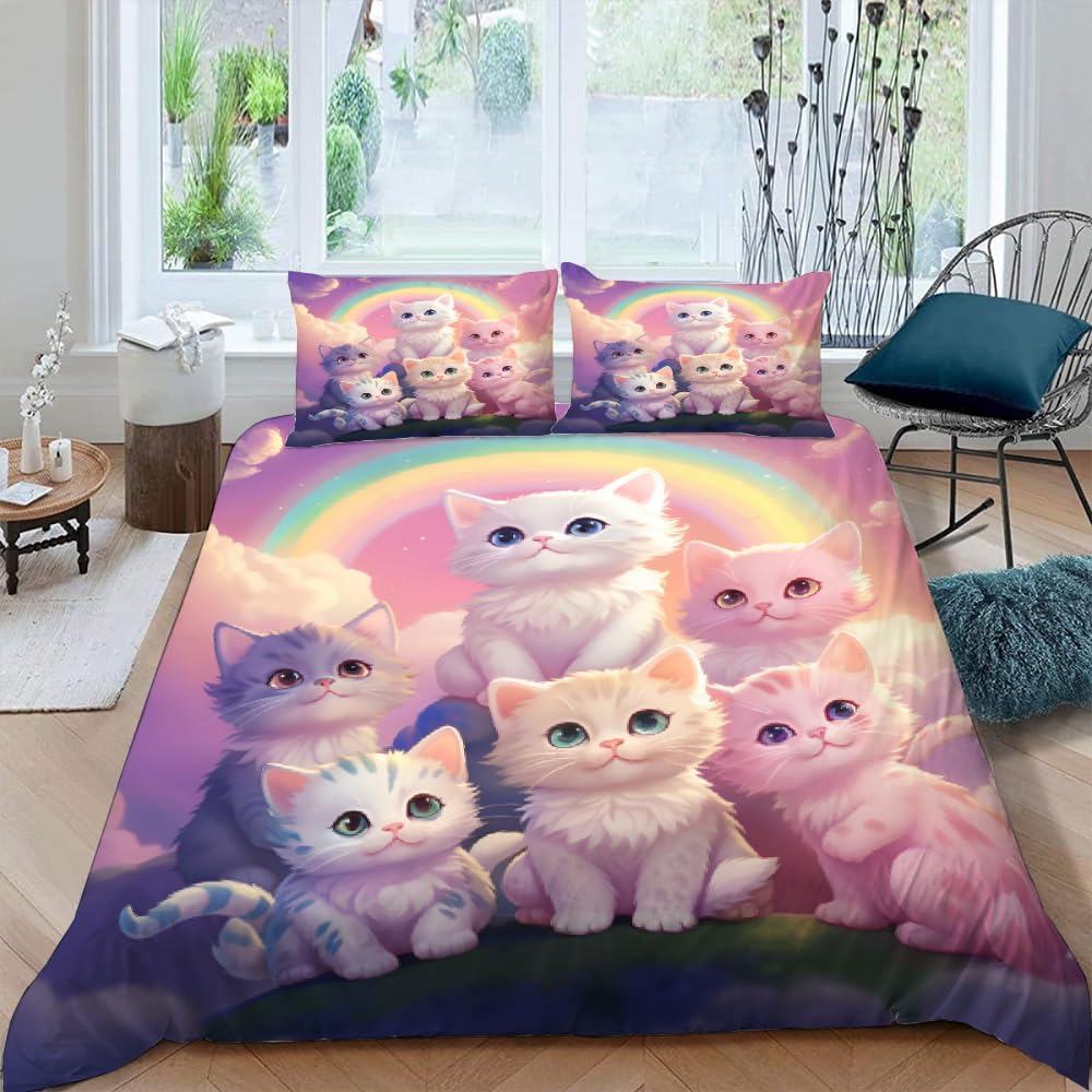 

Rainbow Cat Duvet Covers For Kids Teens Girls Queen Lightweight Bedspread Cover Room Decor Kawaii Rainbow Ombre Cats Bedding Set EU Single(135x200cm)