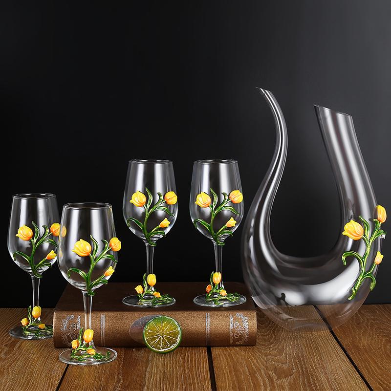 Kovové Skleněné Sklenice na Víno Sada Sklenice na Červené Víno Pohár Karafa Džbán Dávkovač Vína Křišťálové Sklo Sada na Víno Barové Sklo Nápojové Sklo Dárek