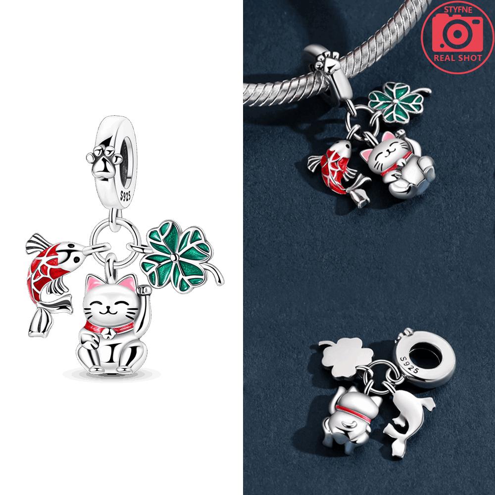 Authentic copper Red Heart Love Zircon Cat for New Year Christmas Lovely Bead Charms Compatible With Bracelets Delicate Accessory Jewellery Gift