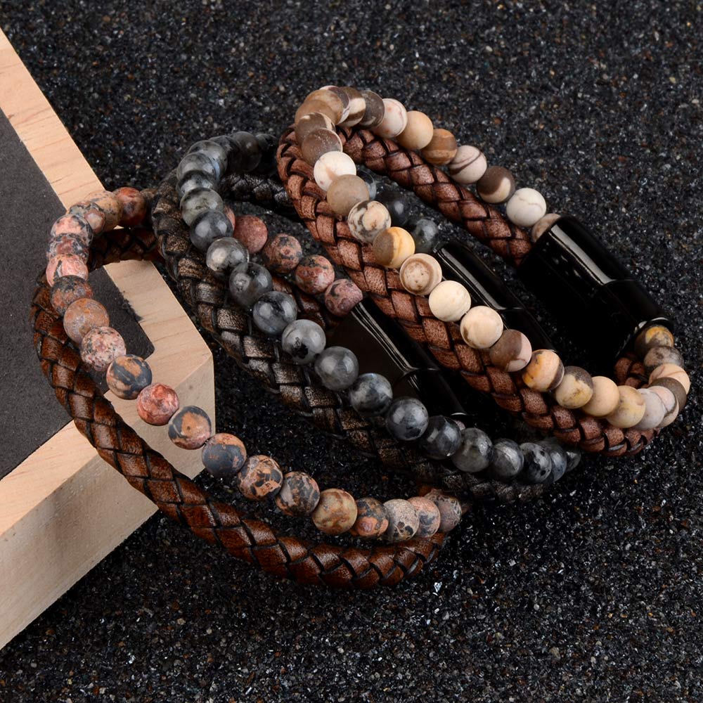 Natural Stone Bracelets Genuine Leather Braided Bracelet Black Stainless Steel Magnetic Clasp Tiger Eye Bead Bangles Men Jewelry