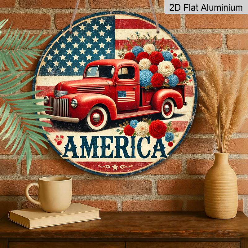 Płaski 2D, 1 szt. okrągły aluminiowy znak 7,87*7,87 cala, "America" Patriotyczny Winylowy Design Ciężarówki, Metalowa Sztuka Ścienna z Kwiatową Czerwoną Ciężarówką i Flagą USA, Idealny do Domu