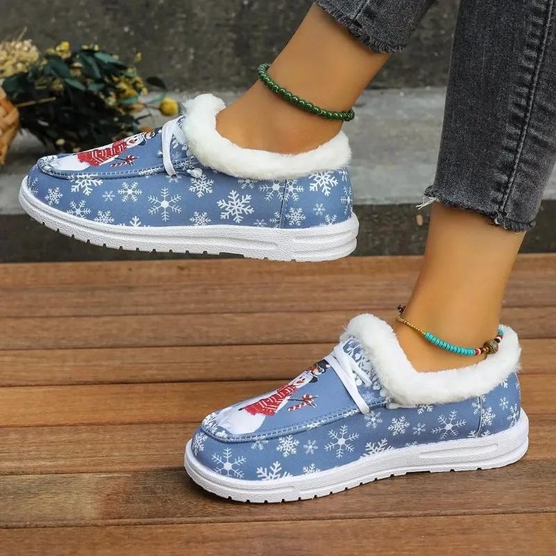 New Christmas Canvas Shoes Flat Shoes for Women Warm Imitation Fur Loafers Women Luxury Women Plus Size Shoes  Zapatos De Mujer