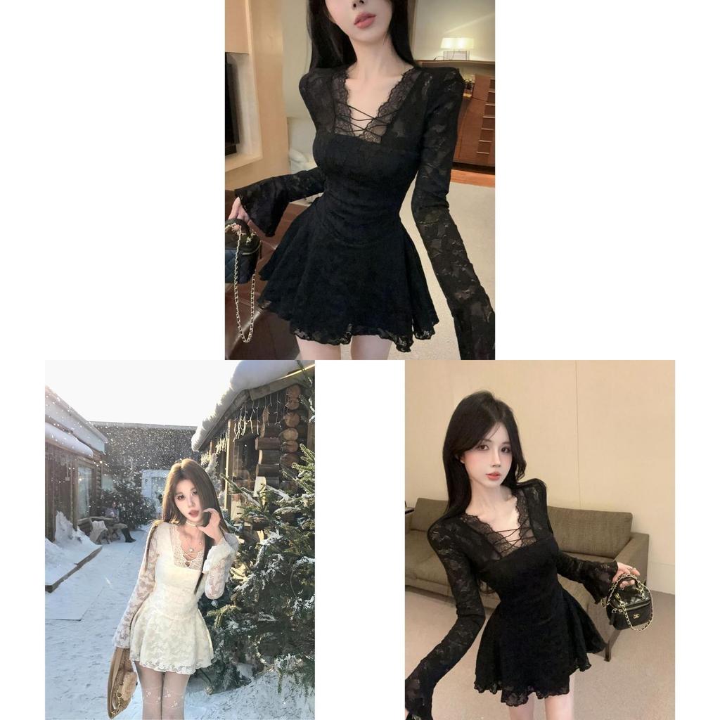 Elegant Lace Long Sleeve Dress With V Neck And Sheer Cutouts For Spring Fashion