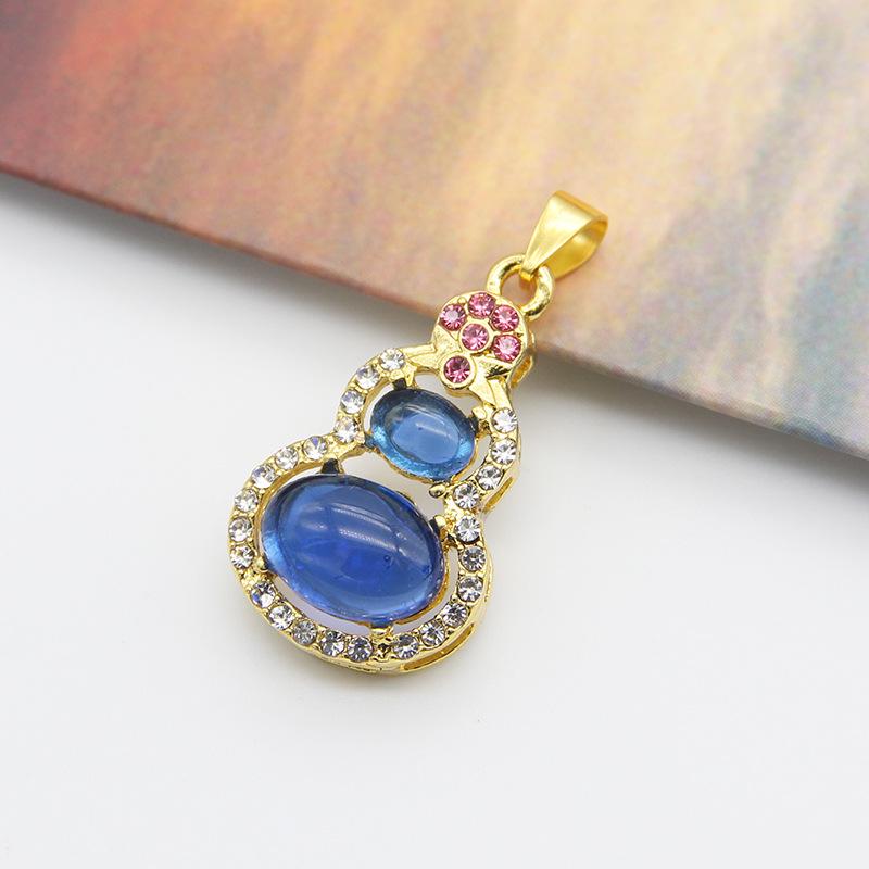 Gold-Inlaid Jade Gourd Pendant Necklace with Imitation Green Chalcedony and Diamond Enamel for Women