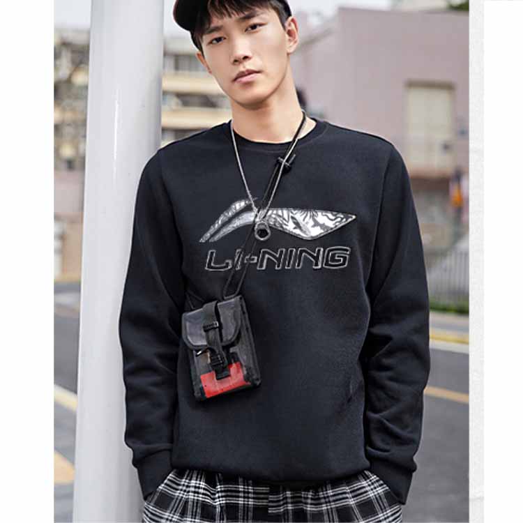 Li Ning Sport Fashion Series Logo Camouflage Print Crew Neck Sweatshirt Men Sweatshirt Black AWDT613-1