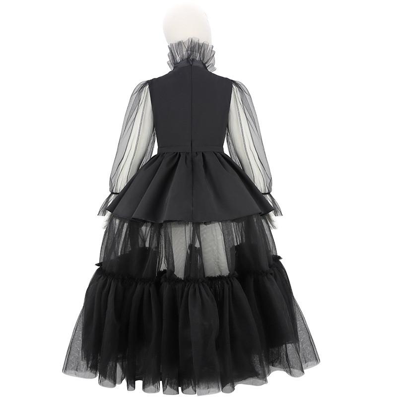 Kids Girls Long Sleeves Mesh Black Dress Outfits Halloween Cosplay Costumes