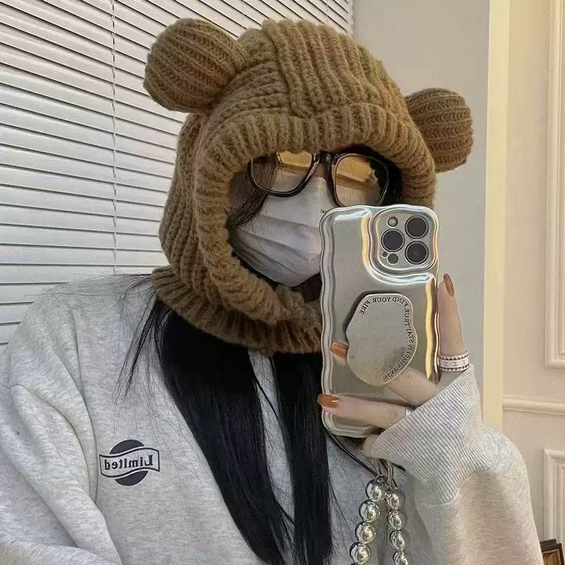 Chapeau Écharpe Intégré Oreilles d'Ours Chapeau d'Hiver Polyvalent Protège-Oreilles Cagoule Chapeau en Laine Tricoté Tendance