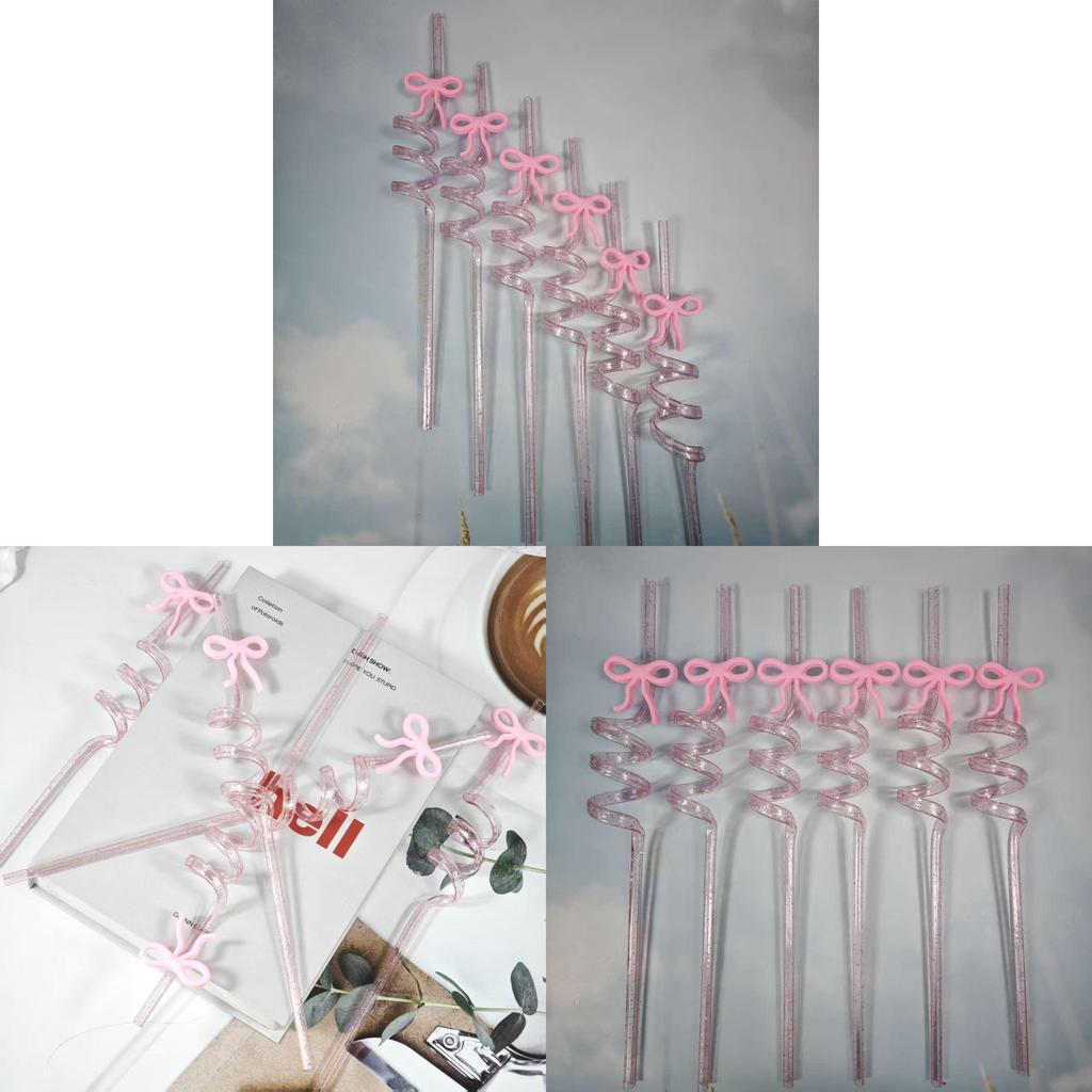 Reusable Pink Butterfly Bow Drinking Straw With Spiral Design For Kids And Party Use