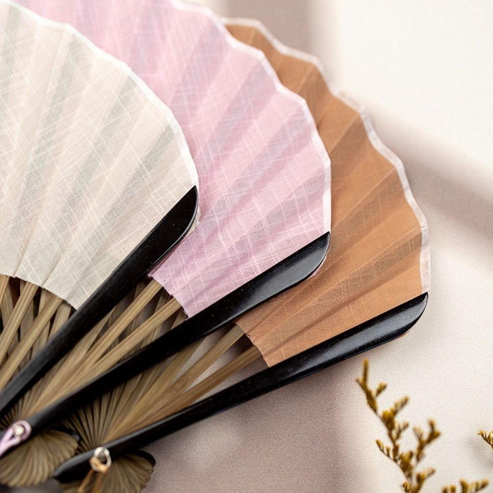Cotton Linen Cloth Folding Hand Fan Solid Color Handheld Fan Retro Mini Shell Fan Dance Props
