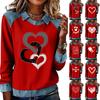 Women's Fashion Flared Long Sleeve Denim Patchwork Sweatshirt Valentine's Day Print Casual Pullover Top