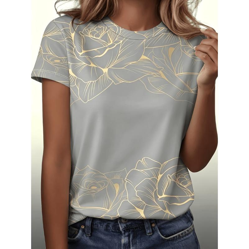 

Short-sleeved top with soft painted camisole and gold thread floral pattern. Simple yet exquisite everyday top for women. 6XL