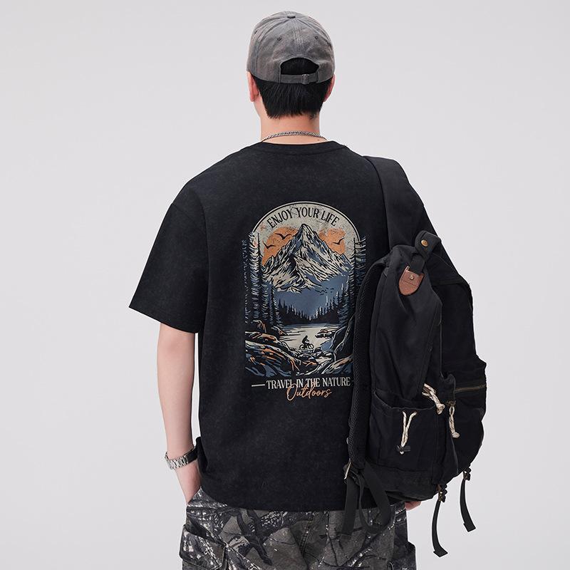 New Heavyweight Pure Cotton Short-sleeved T-shirt Men's Loose Summer Round Neck Retro Printed Half-sleeved Shirt