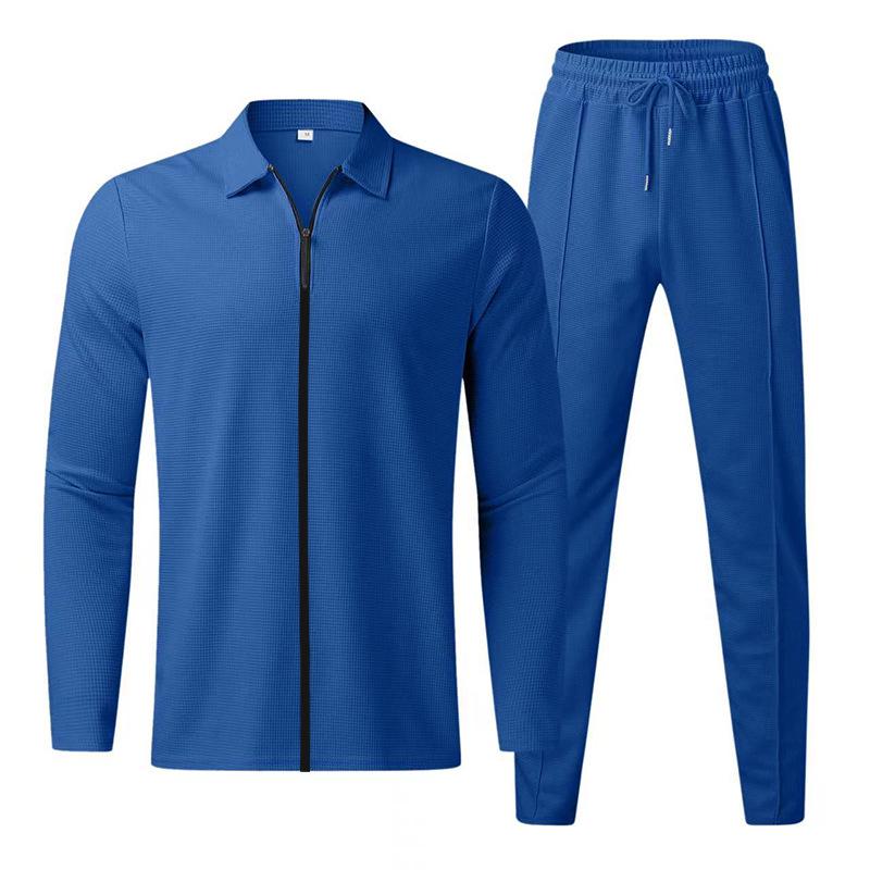Autumn 2025 Men's Waffle Knit Long Sleeve Zip Cardigan & Turn-Down Collar Casual Sports Set