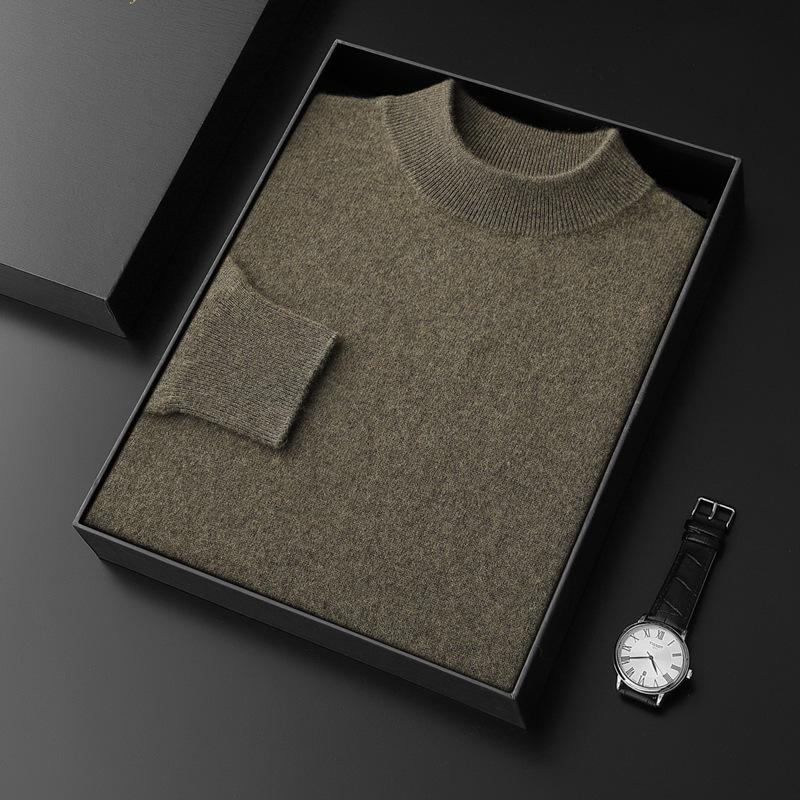 Men's Seamless Cashmere Sweater, Half-High Collar, Solid Color, Loose Fit, Plus Size, Base Layer for Autumn and Winter.