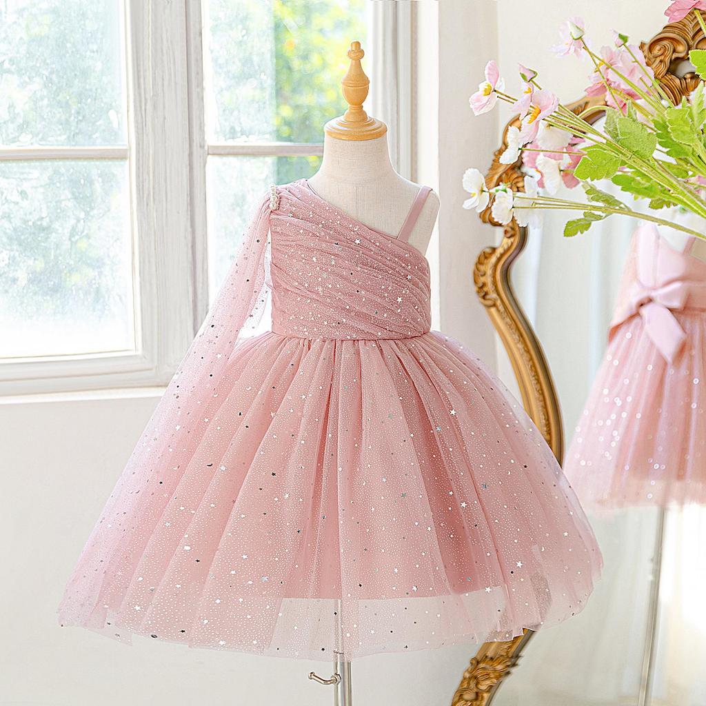 European & American One-Shoulder Sequin Princess Dress for Kids - Evening Mesh Puffy Skirt