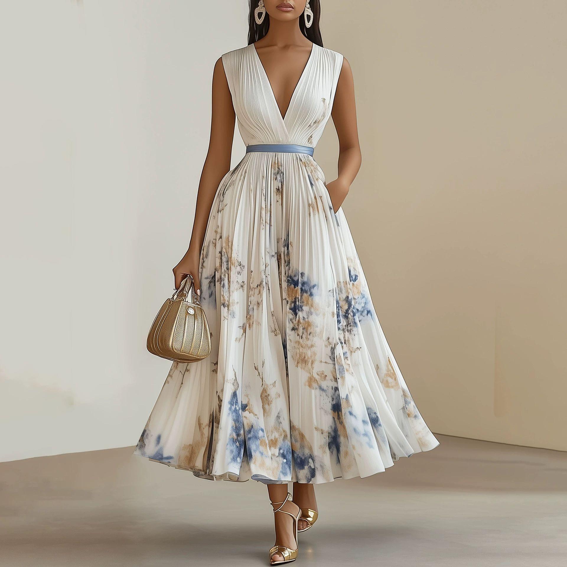 Women s V Neck Sleeveless Pleated Floral Maxi Dress High Waist A Line Flowy Long Dress S белый