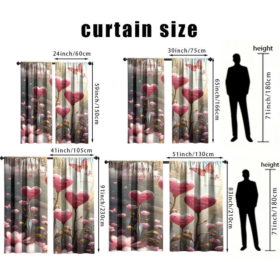 2PCS Pink Heart Flower Language Valentine's Day Curtains   Romantic Confession Style   Bedroom Living Room   Pull Up Pocket Style