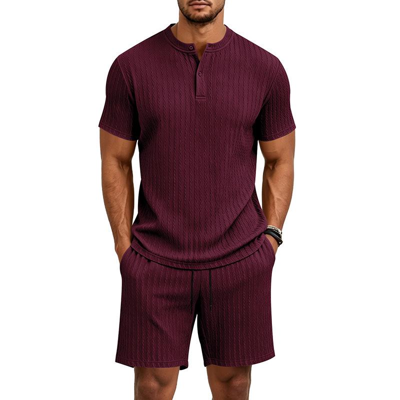 Summer Retro Men's Loose Knit Henley Shirt & Shorts Set