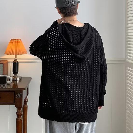 Men Sweater Long Sleeve Zipper Closure Solid Color Hollow-out Design Super Soft Decorative Polyester Men Hooded Sweater Coat Autumn