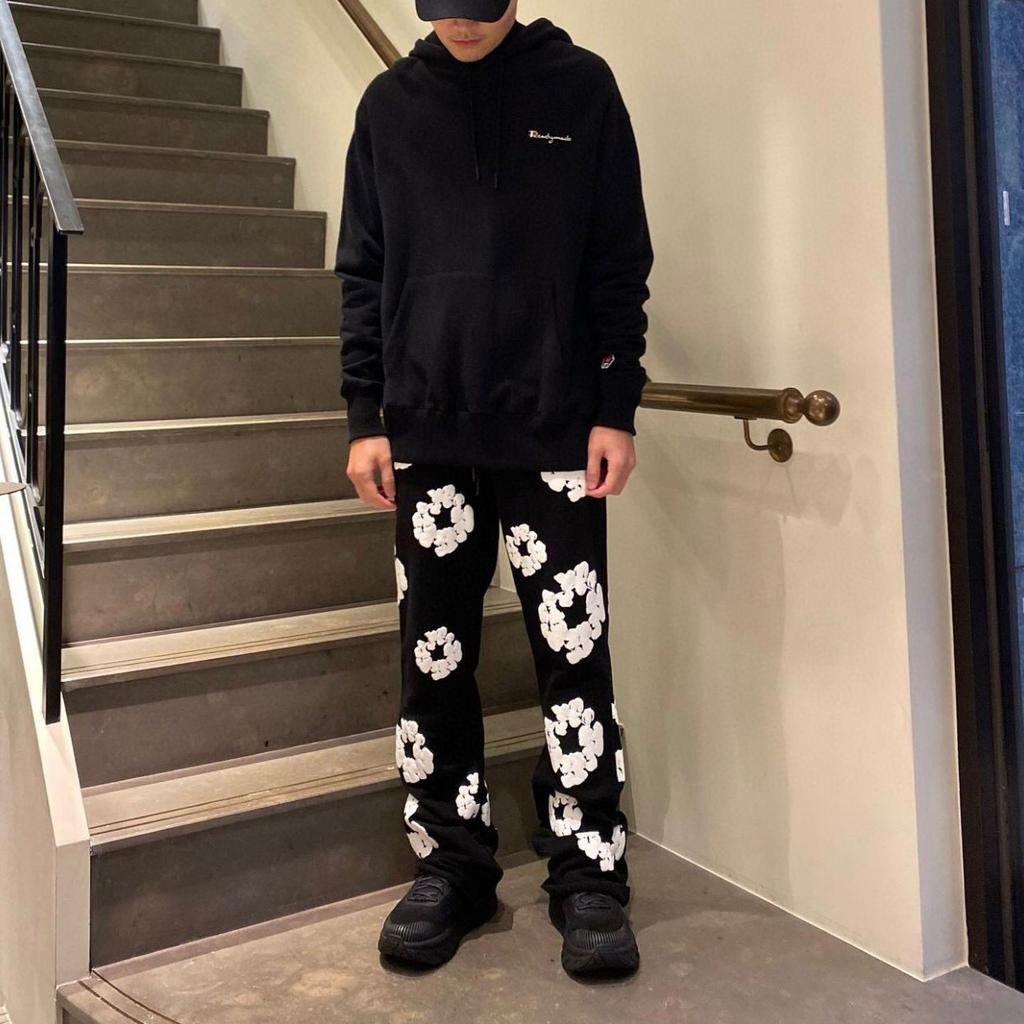 Unisex American Retro Streetwear Vintage Kapok Print Hip Hop Pants Wide-leg Casual Trousers for Men Women