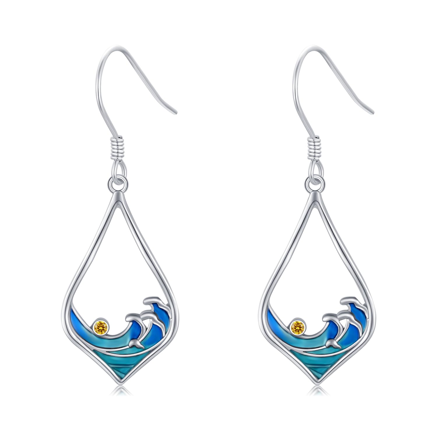 

StoryMidir Earrings Wave Hook Earrings Japanese Pattern Swinging Earrings Sea 925 Silver Hypoallergenic Festival Platinum Finish Zirconia Blue Swing