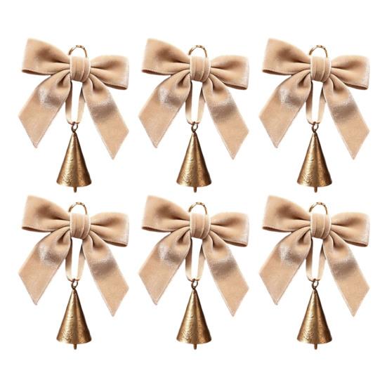 Holiday Party Hanging Ornaments 6 Pcs Velvet Bow with Bell Ornaments, Vintage Rustic Christmas Seasonal Decorative Decoration, Retro Jingle