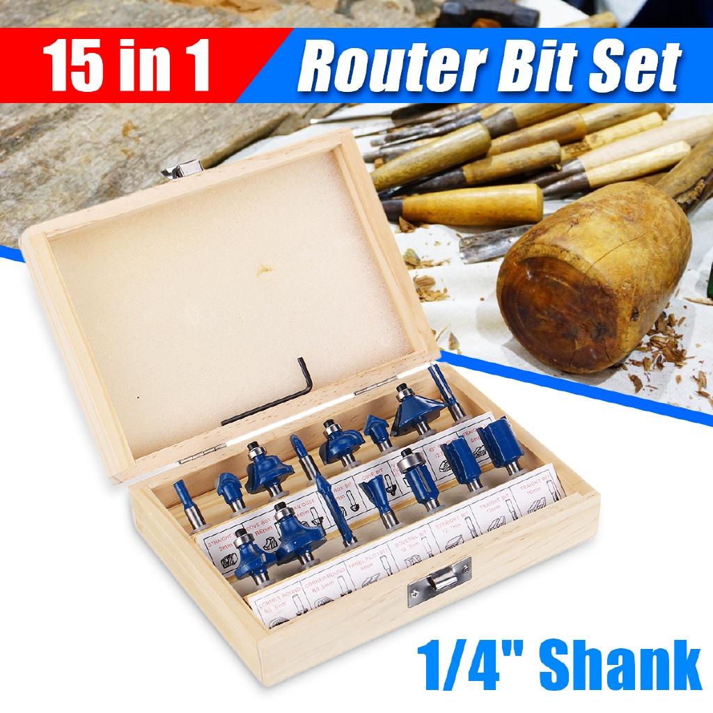 Set di Frese per Router da 1/4 di Pollice per Fresatrice Elettrica per Legno 15 Pezzi Gambo per Router da Legno Frese per Router Fresatrice per Lavora