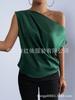 Women's Satin T-shirt Summer TK European and American Women's Clothing New Slanted Shoulder Solid Color Versatile Off-shoulder Top Women