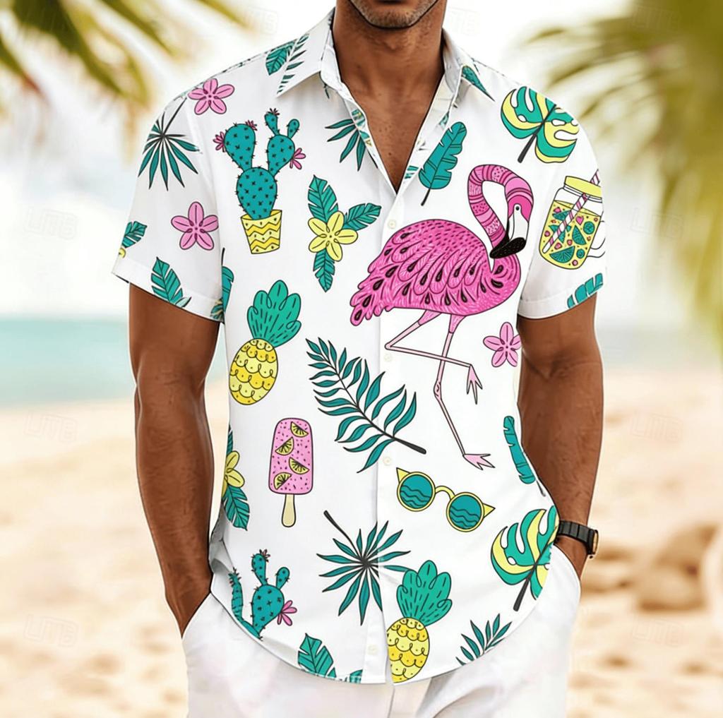 Men's Flamingo Tropical Fruit Print Short Sleeve Shirt, Spring Summer Fun Hawaiian Vacation Blouse, Loose Casual Top