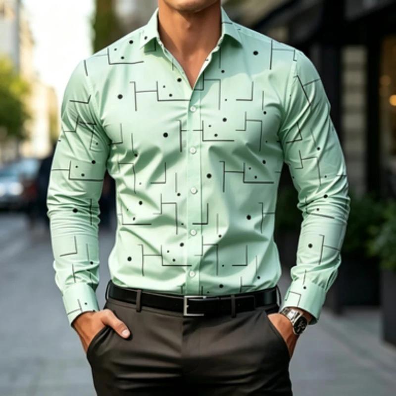 Essential Men's Geometric Pattern Long-Sleeve Shirt, Stylish & Versatile.