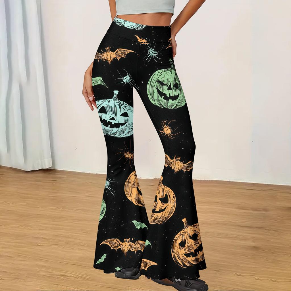 Women's Halloween Print Yoga Pants - Flared Leggings, Casual Stretchy Bell Bottom Pants for Women, for Yoga, Daily Wear and Party