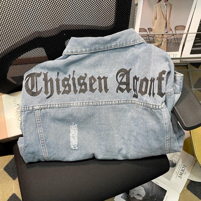 Korean Version of INS Spring and Autumn Letter Print Ripped Denim Jacket Men's American Street Tide Brand Ruffian Handsome Loose Top