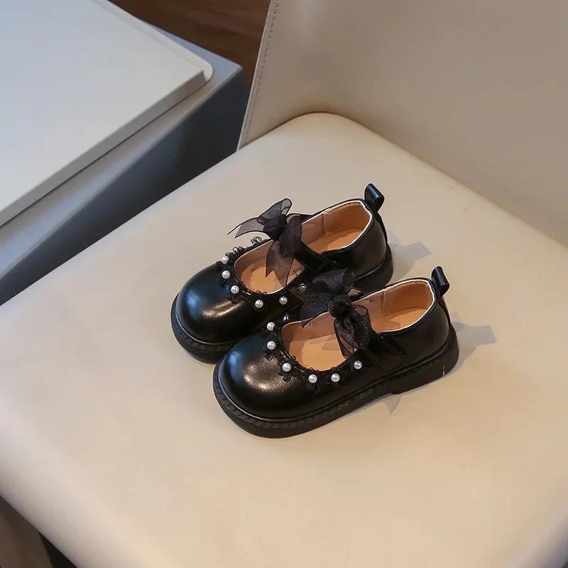 

Новые детские модные шикарные кожаные туфли с кружевными бантами для вечеринок для девочек, универсальные милые детские туфли принцессы на плоской подошве 23 чёрный