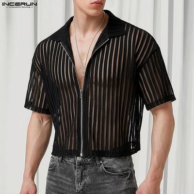 Summer Men Short Sleeve Zip-up Mesh See Through Hollow Beach Cropped T-shirts Tops