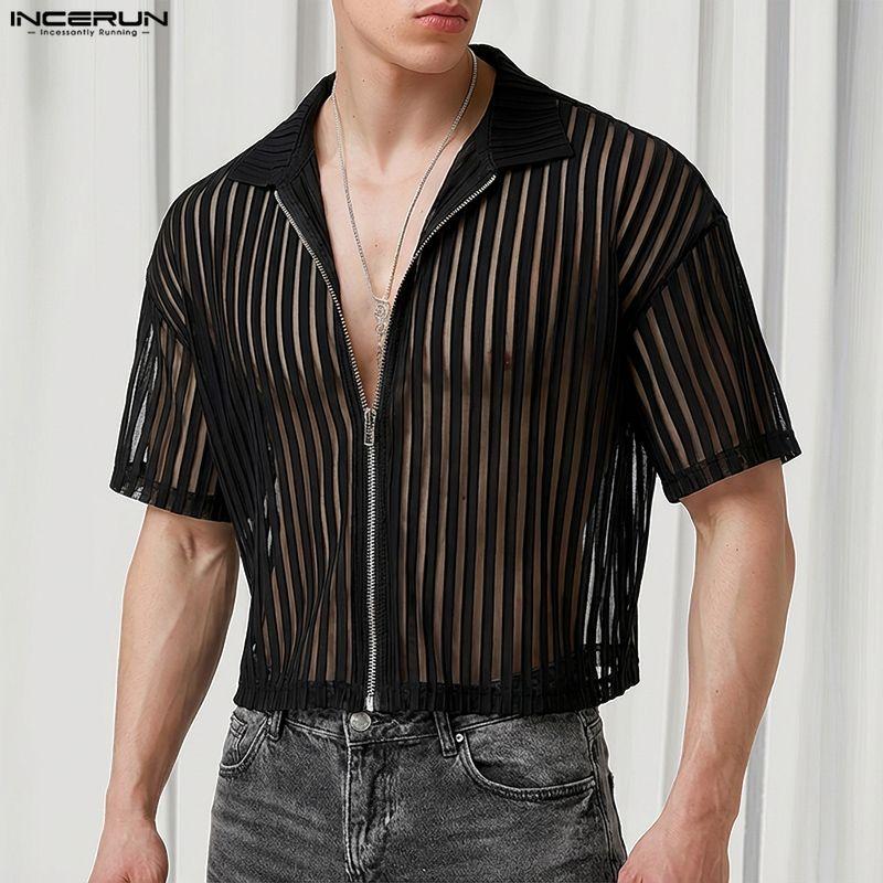 INCERUN T-shirt Corte Estive da Uomo a Maniche Corte con Zip in Rete Trasparente Vuota da Spiaggia