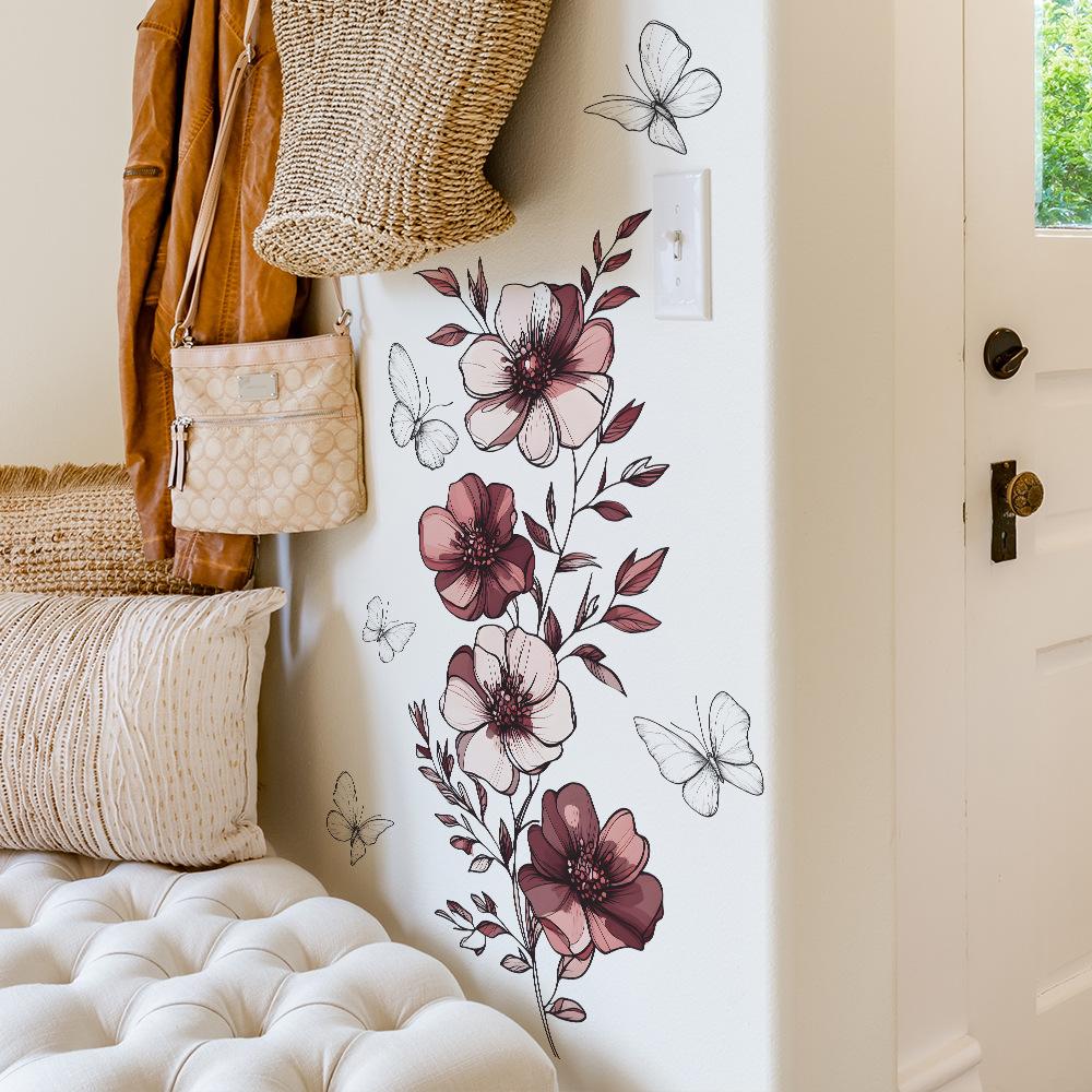 Simulated Floral Line Art Butterfly Wall Sticker Self-Adhesive Removable Bedroom Living Room Hallway Home Decor
