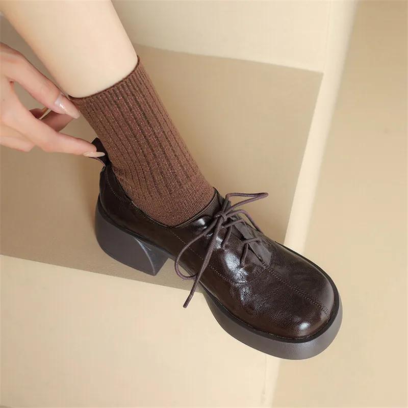 Fashion New Autumn Genuine Leather Women Loafers Round Toe Chunky Heel Lace High Heels Versatile Women Pumps Platform Shoes for Women