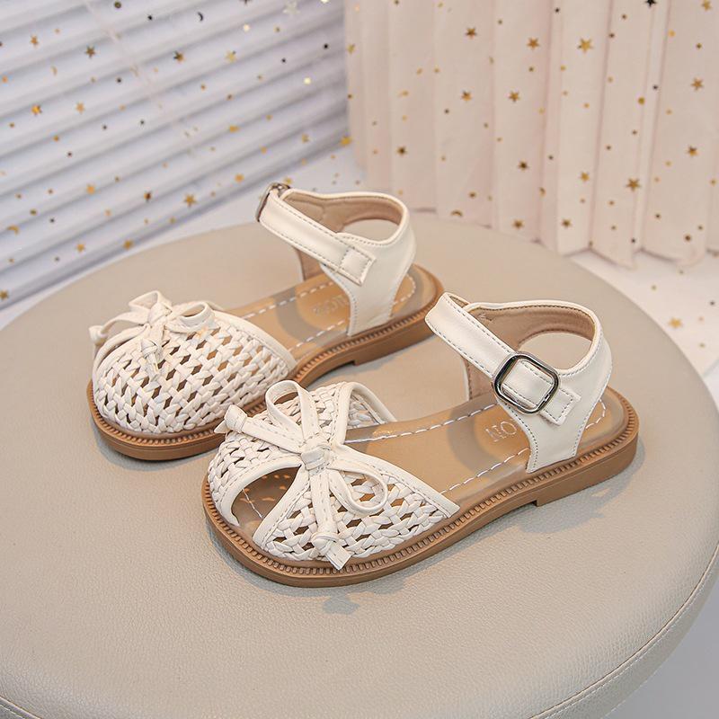 Girls' 2026 Korean Style Bow Knot Closed Toe Sandals - Soft Sole Woven Princess Shoes for Little Girls