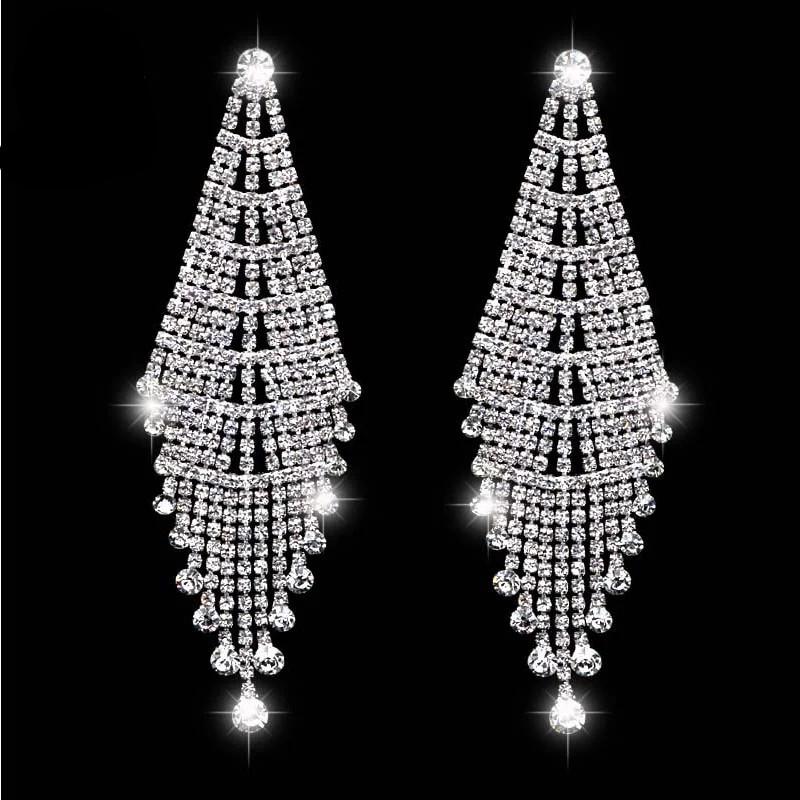 Luxury Rhinestone Tassel Clip-On Earrings for Women - Bridal Accessories