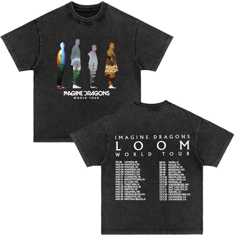 Imagine Dragons Loom World Tour Vintage Washed T Shirt Rock Band Tshirt Men Women High Quality Cotton Short Sleeve T Shirt