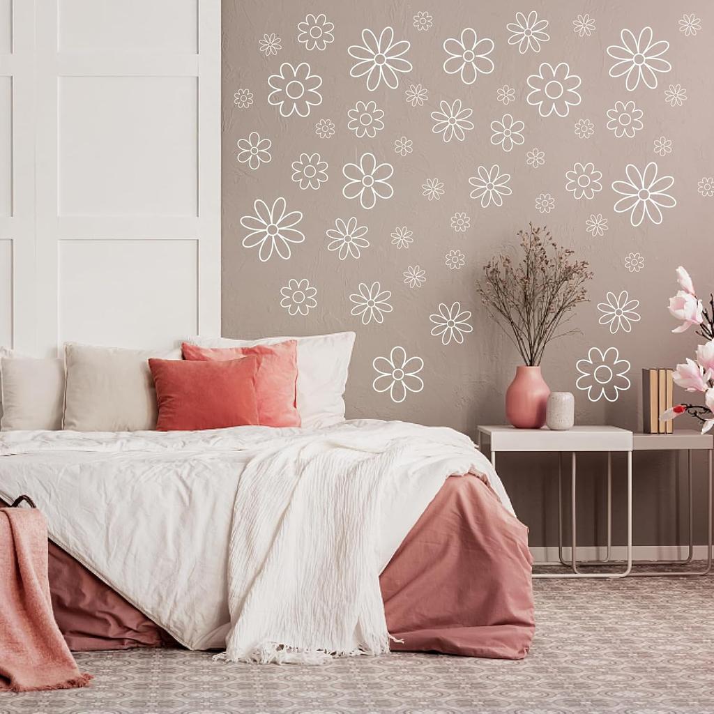 PLIGREAT 2 Sheets White Line Flowers Wall Decals DIY Art Daisy Floral Removable Vinyl Wall Stickers for Bedroom Living Room Home Background Window