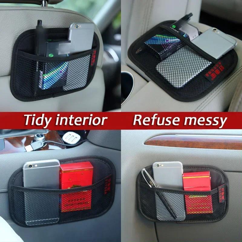 Car Leather Mesh Bag Oxford Fabric Storage Net Bags Car Interior Organizer Phones Coins Keys Storage Auto Stowing Tidying Tools