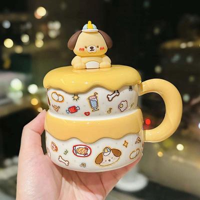 Cartoon Bear Puppy Ceramic Mug with Lid Cute Household Drinking Cup Breakfast Milk Oatmeal Cup Souvenir