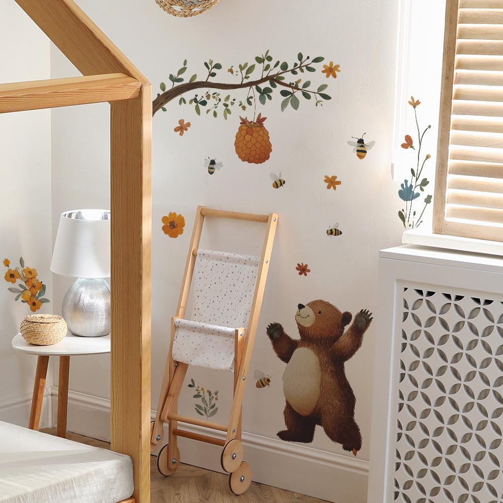 Cute Cartoon Bear with Honey Wall Sticker Sweet Nursery Decor for Bedroom Living Room Kids Room Self-Adhesive