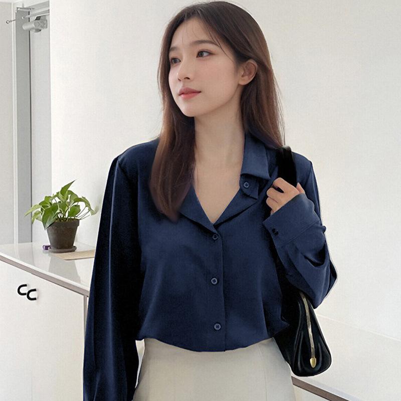 Minimalist Shirt for Women In Spring Autumn, Polo Collar Lazy Style Professional Versatile OL Commuting Solid Color Shirt Blouses & Shirts