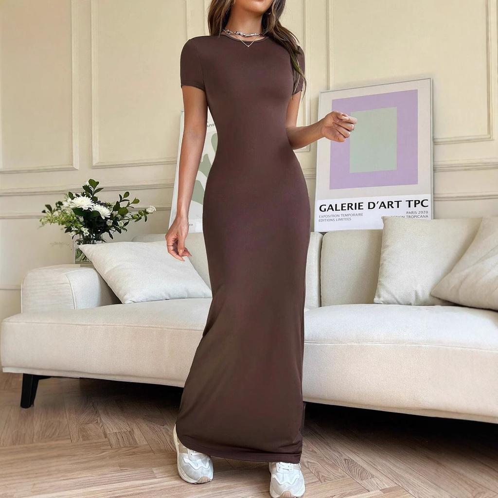 Spring Summer Elegant Solid Color Temperament Slim Fit Short Sleeved Dress Round Neck Pullover Fashionable Comfortable Long Dress