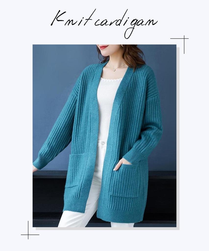 Elixio Long Knit Warm and Thick Ribbed Perfect for Fall and Winter Women's Cardigan, Fluffy, V-Neck Cardigan, Mid-Length, Knit, (JP, Alphabet, XL,
