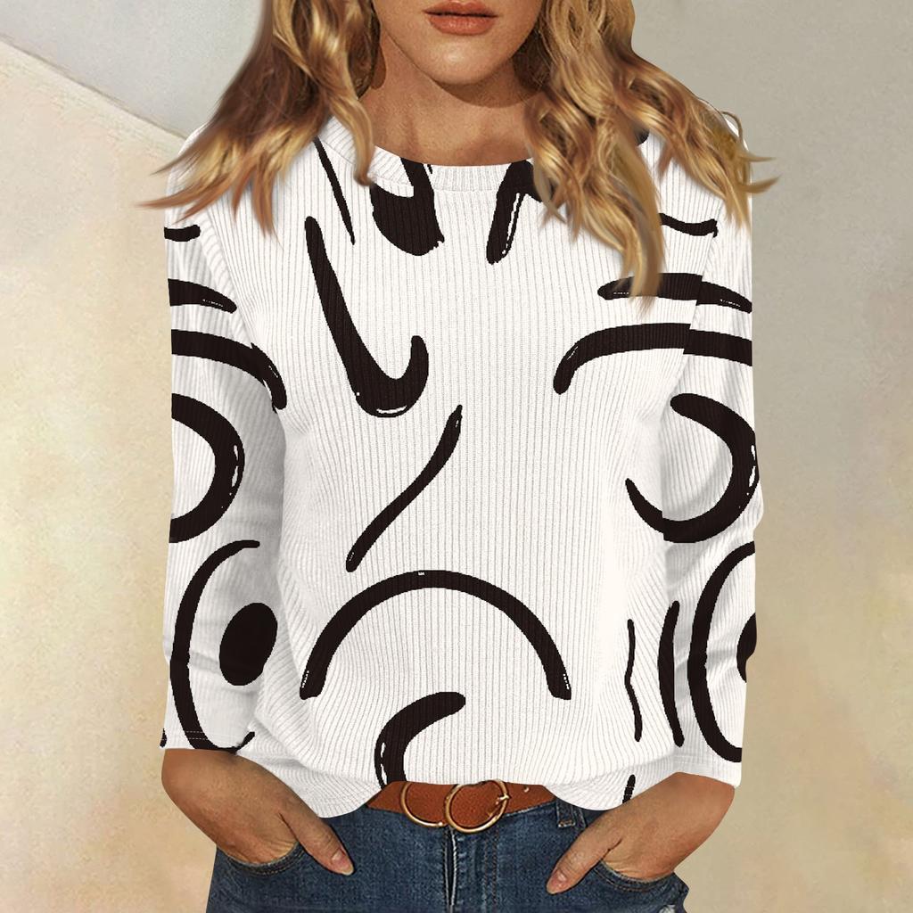 Topper med lange ermer for kvinner T-skjorte Casual trykktopper T-skjorte Rund hals Pullover Bluse