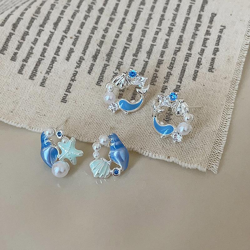 Nadmorskie Wakacje Muszla Wiatrowa Rozgwiazda Perła Kolczyki Sztyfty Damskie Świeży Temperament Słodka Osobowość Wszechstronne Kolczyki