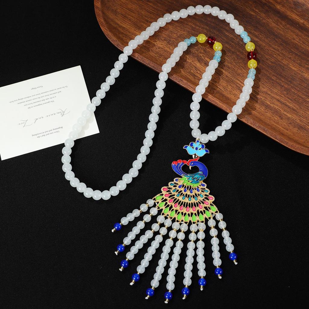 Elegant Peacock Phoenix Sweater Chain Necklace - Women's High-End Enamel Pendant